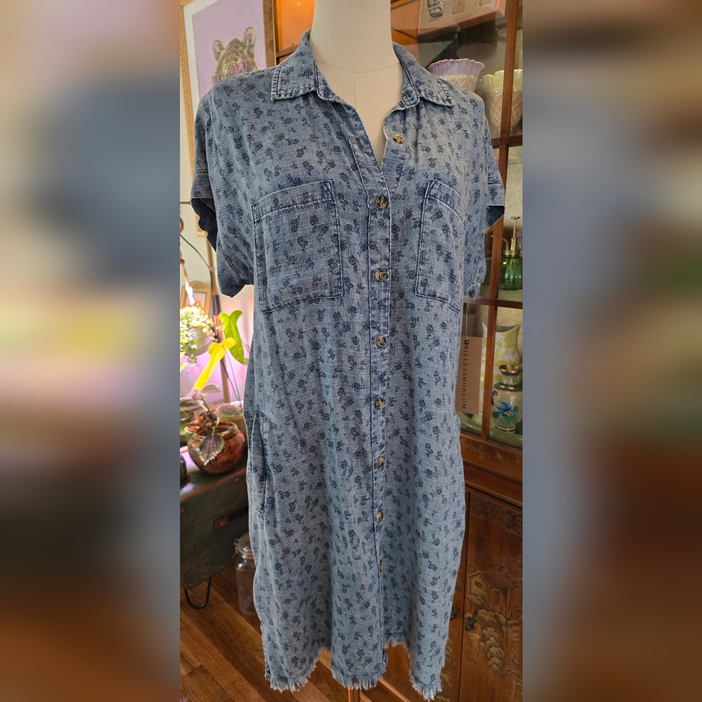 NWT Billy T Denim Floral Shirt Dress | Ditsy Print Floral Denim Button-Up Dress